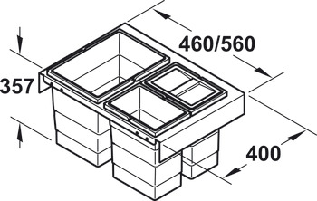 Poubelle triple, 1 x 14 et 2 x 10 litres / 1 x 20 et 2 x 10 litres, Hailo côtés de tiroir Cargo Moovit 3673-53/63