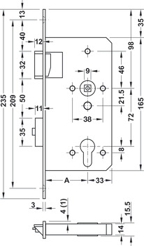 serrure à mortaiser, acier inox/acier, BMH 1128, avec fonction issue de secours B