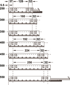 Coulisse sous tiroir, Häfele Matrix Runner UM S30, sortie totale, capacité de charge jusqu'à 30 kg, acier, montage par tourillons à enficher